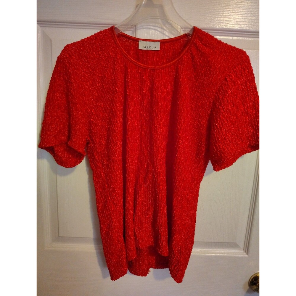 Jaipur Women’s Petites Red Solid Textured Knit Round Neck Short Sleeve Top